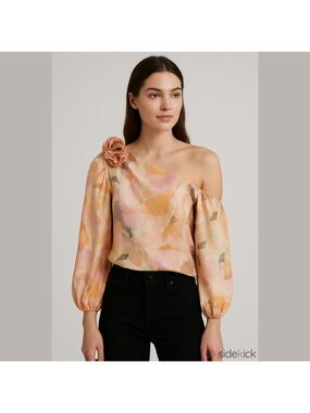 CeCe Floral One-Shoulder Puff Sleeve Top - Pastel Multi